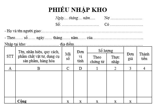 Mẫu Phiếu nhập kho