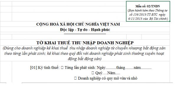 Mẫu Tờ khai thuế thu nhập doanh nghiệp